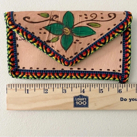 Leather Floral Wallet Mexico Snap Close 3 Pocket Color Trim Boho Hippie Nature - Picture 7 of 8